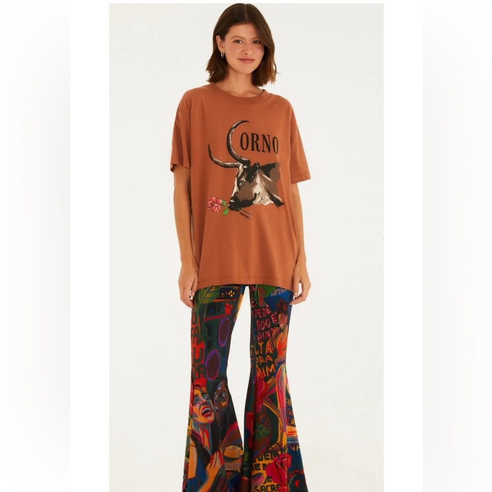 Farm Rio Brazil Tee Shirt Corno Manso Bull Brown Oversized Graphic Small